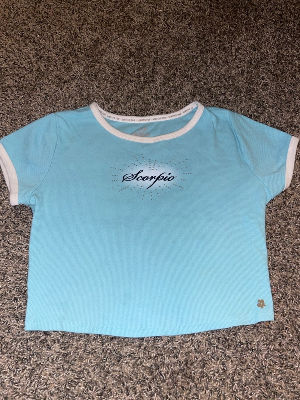 Limited Too Cropped Light Blue Tee with White Trim and 'Scorpio' Script